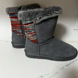 Lamo Gray Faux Suede Winter Boots with Multicolor Knit Accent